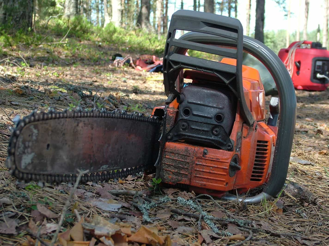 orange husquavarna chainsaw resting on the ground in the forest